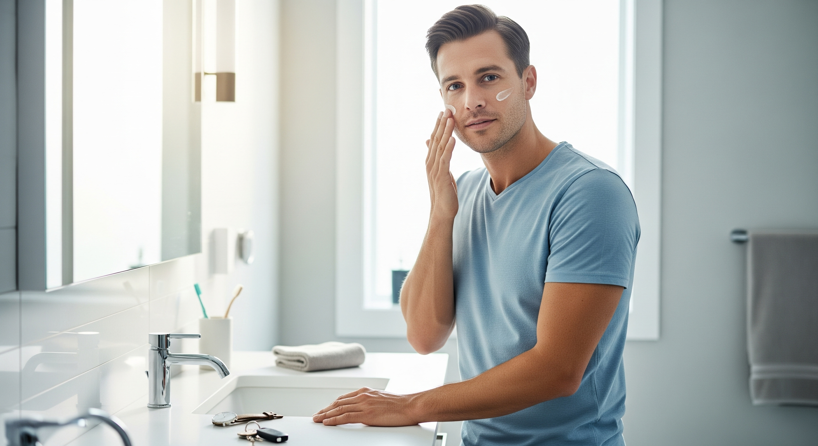 A confident man, a target for men's skincare, in a modern bathroom applying lightweight moisturizer for oily skin, with keys and a watch, symbolizing his morning routine and daily hydration for a sharp, confident start.