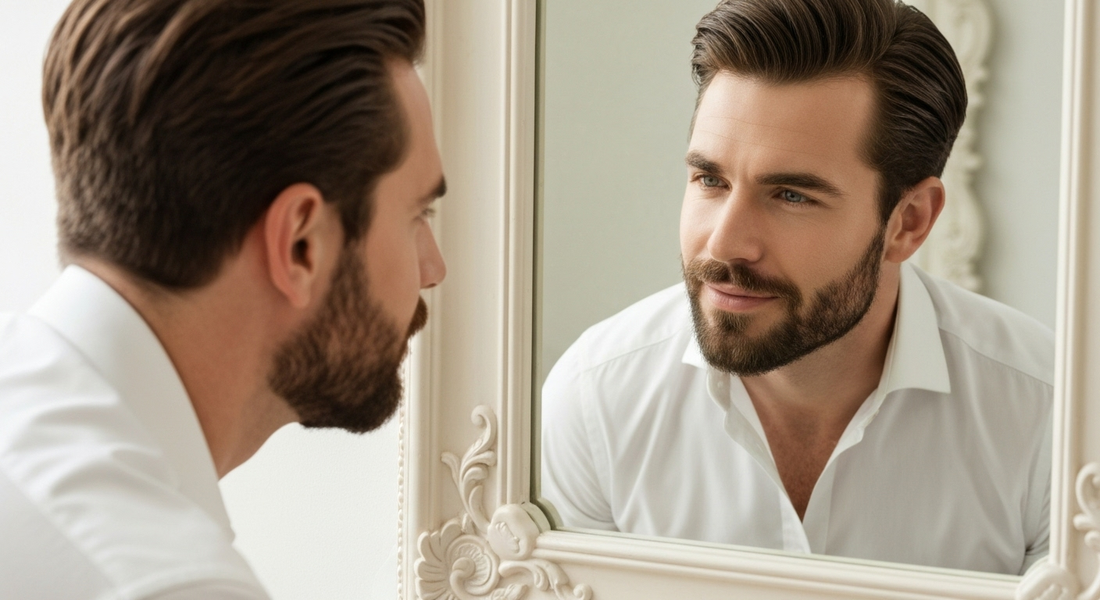 A confident, well-groomed man with a beard and clear skin looks at his reflection, representing the successful outcome of a men's skin care routine.