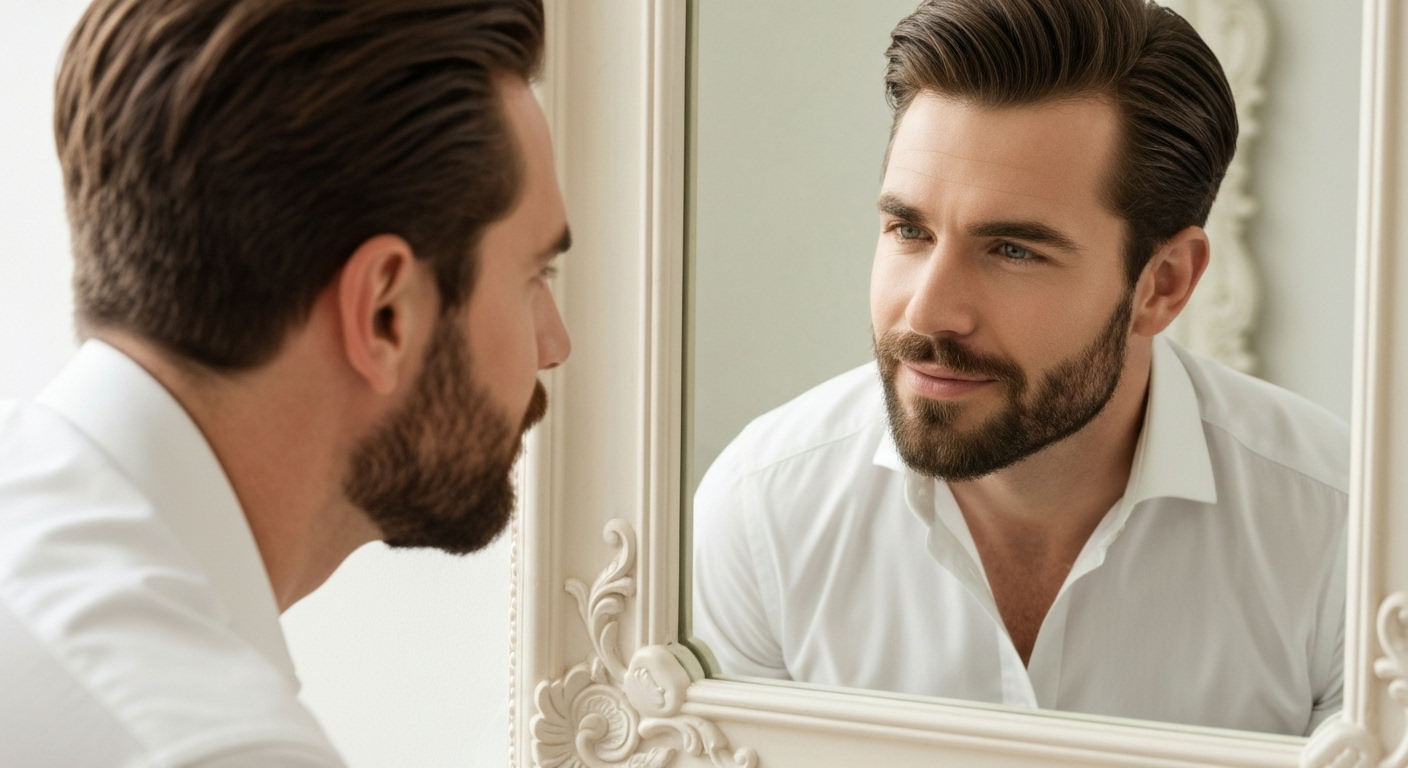 A confident, well-groomed man with a beard and clear skin looks at his reflection, representing the successful outcome of a men's skin care routine.