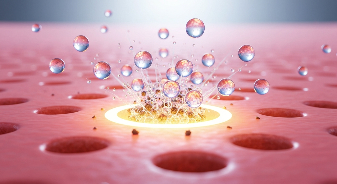 A 3D scientific illustration of a skin pore being deep-cleaned, with glowing active ingredients removing impurities to represent the cleansing step of a men's face care routine.