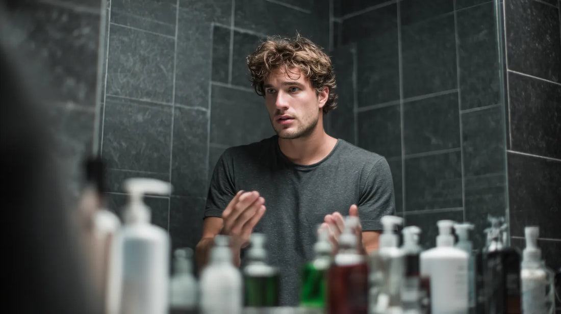 A man stands in a modern, dark-tiled bathroom, looking confused and frustrated at his cluttered counter of skincare bottles, illustrating the problem of not knowing the correct skincare routine order.