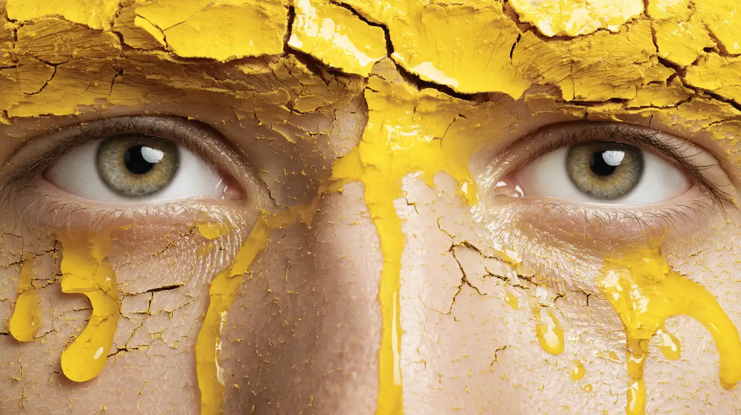 Conceptual image of a face with severely dry, cracked yellow texture, symbolizing the aggressive stripping and barrier damage caused by harsh cleansers.