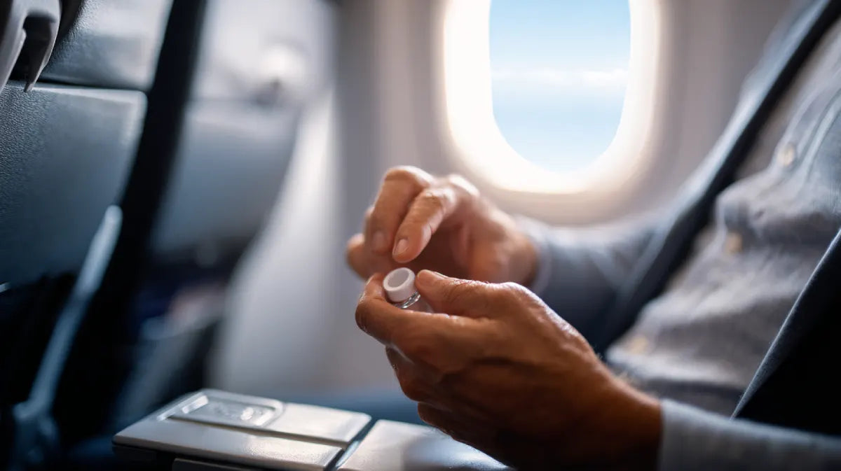 Discreet in-flight skincare routine. Applying product in an airplane seat.