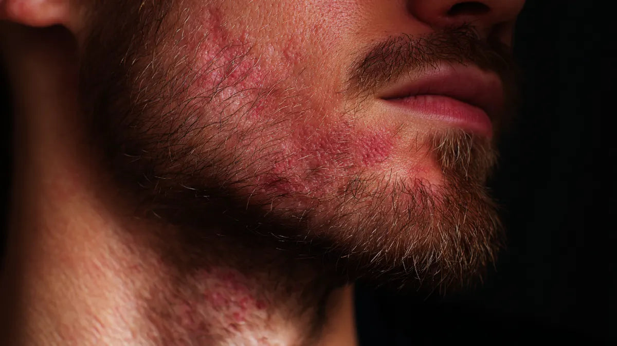 Red inflamed razor bumps and severe irritation after shaving on man's neck.