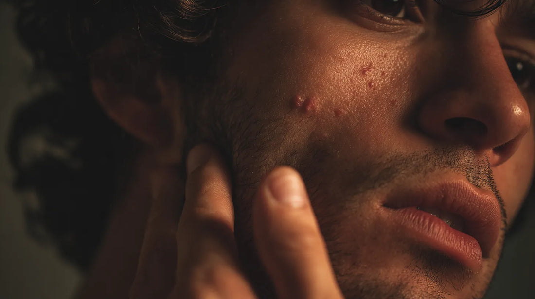 Close-up of a man examining active acne and red marks (PIE) on his oily skin, the source of post-breakout dark spots.