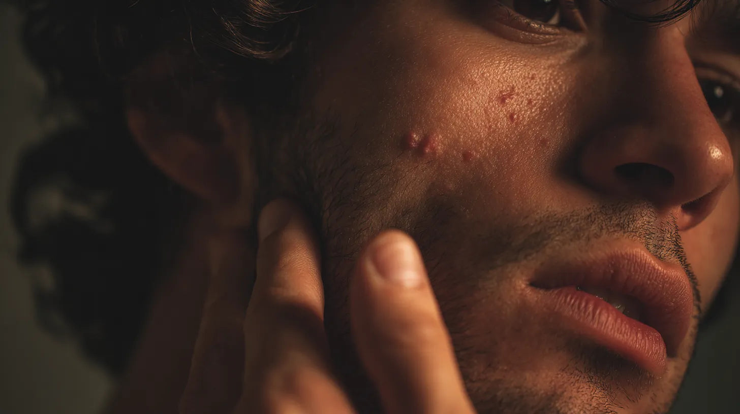 Close-up of a man examining active acne and red marks (PIE) on his oily skin, the source of post-breakout dark spots.