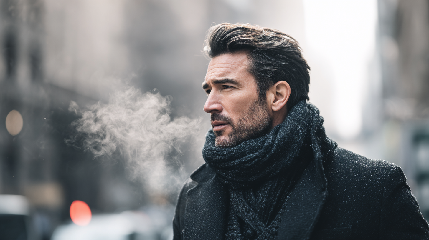 Confident man with clear, matte, resilient skin outdoors in winter, demonstrating effective winter skincare management for men.