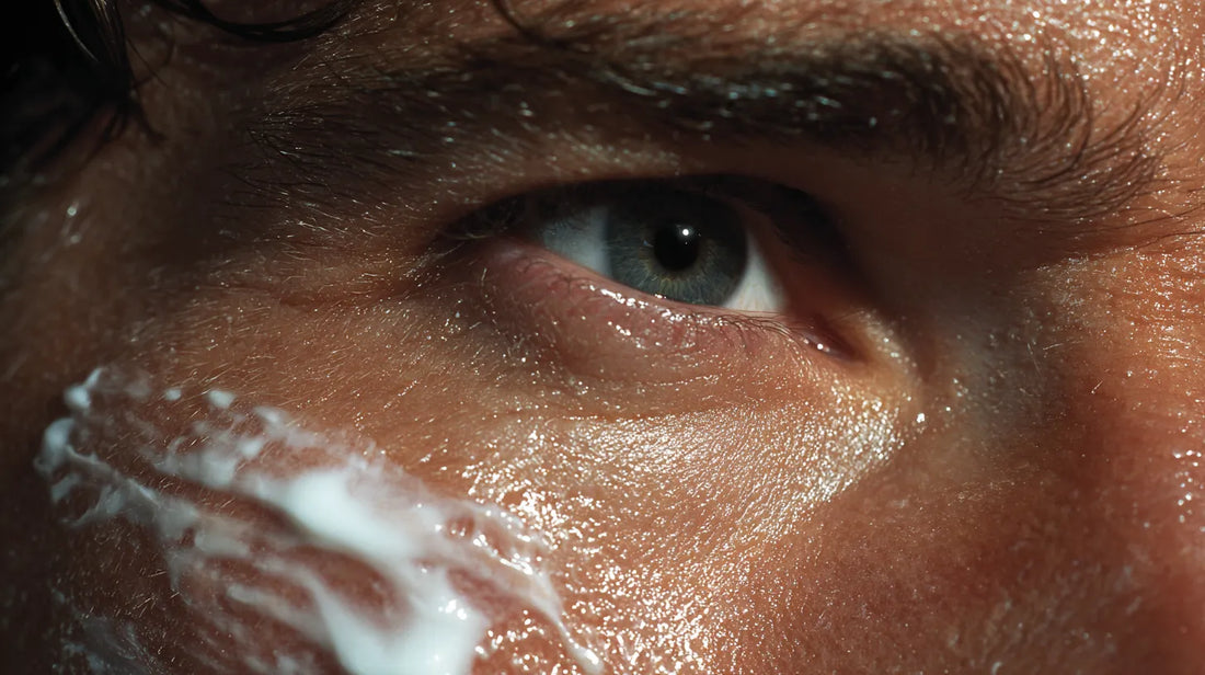 Macro shot of a heavy, pore-clogging anti-aging cream being applied to a man's oily skin, which can cause greasiness and breakouts.