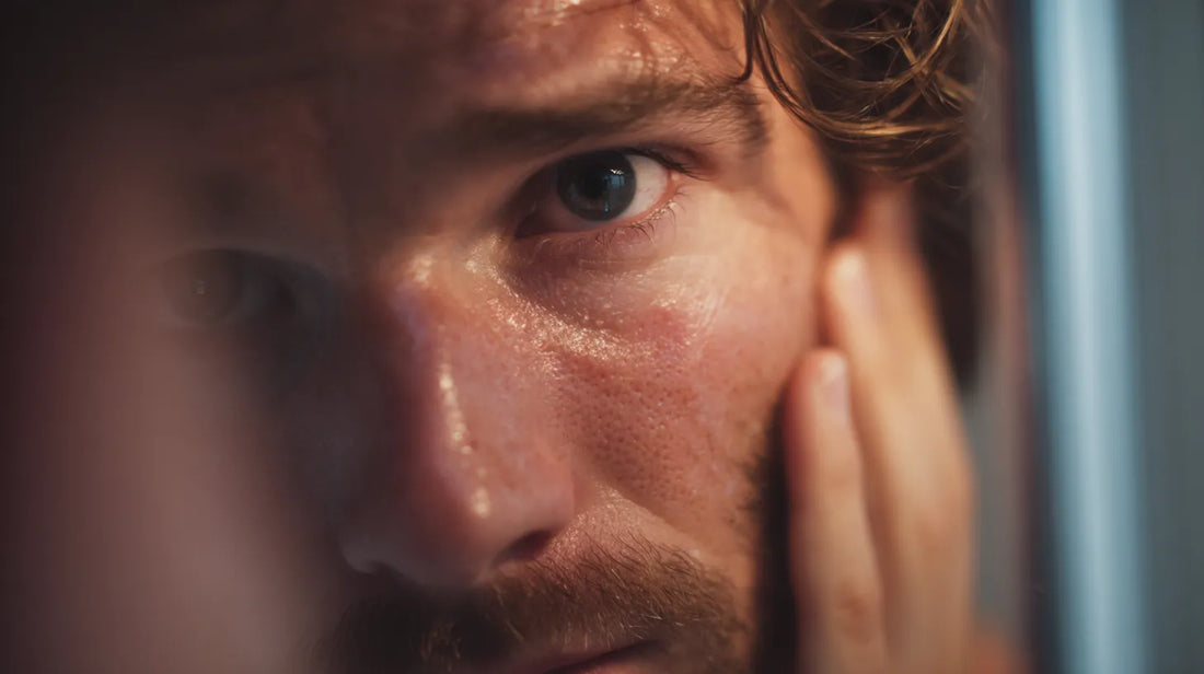 Tired man examining his oily, stressed skin and dark circles in a mirror, showing the effects of sleep deprivation on men's skin.