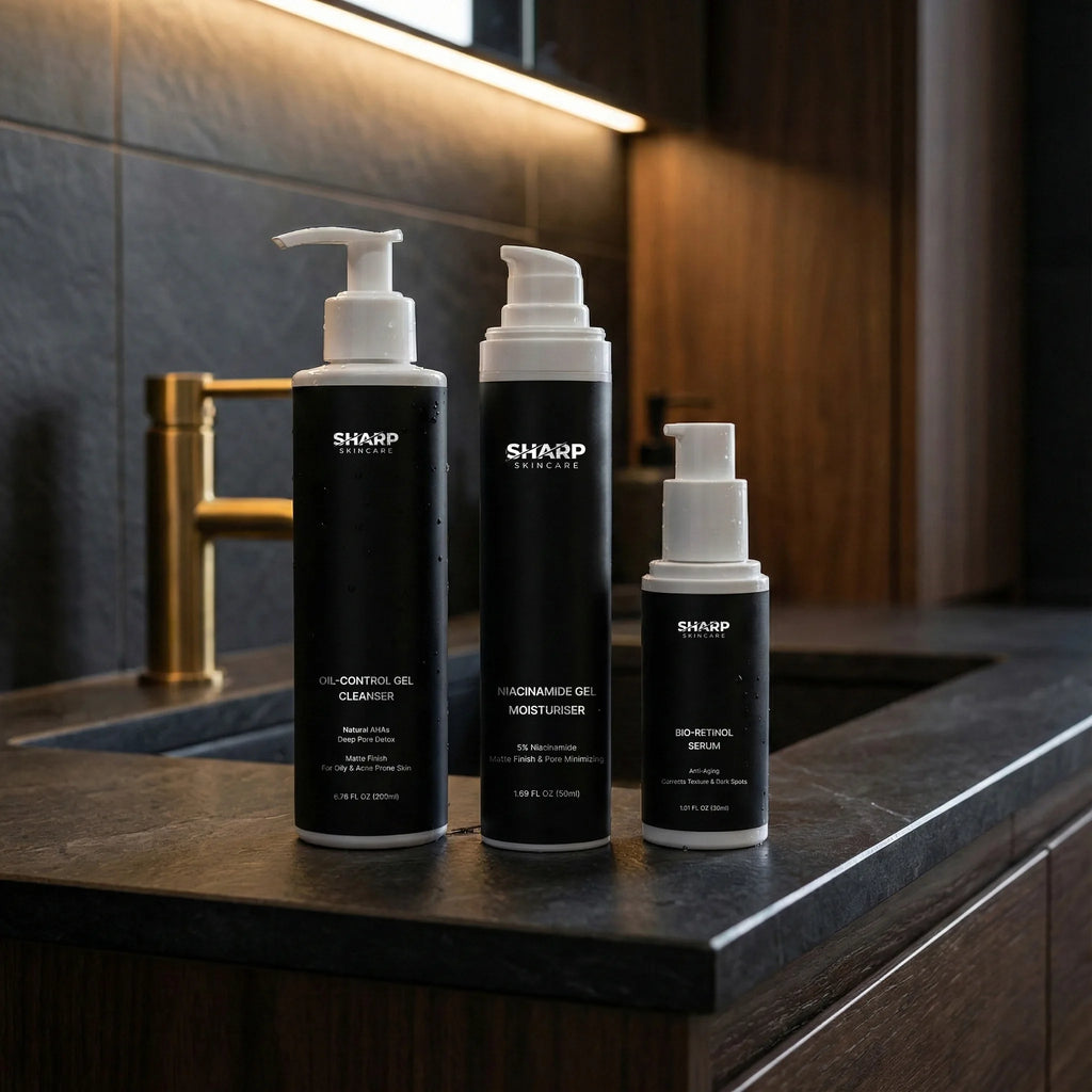 Three Sharp Skincare bottles on a bathroom counter with a blurred background