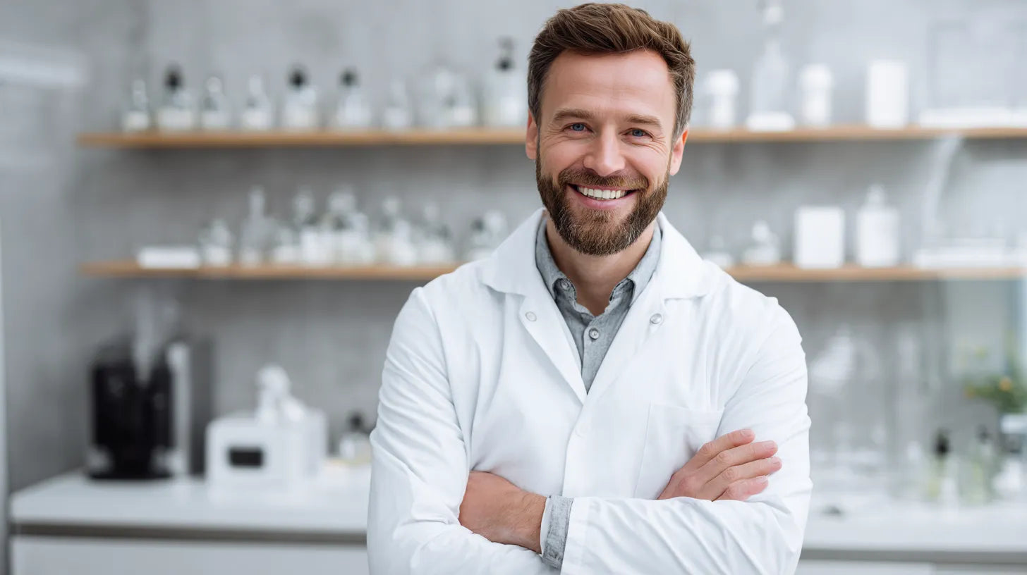 Skincare Doctor in a white coat standing in a laboratory setting
